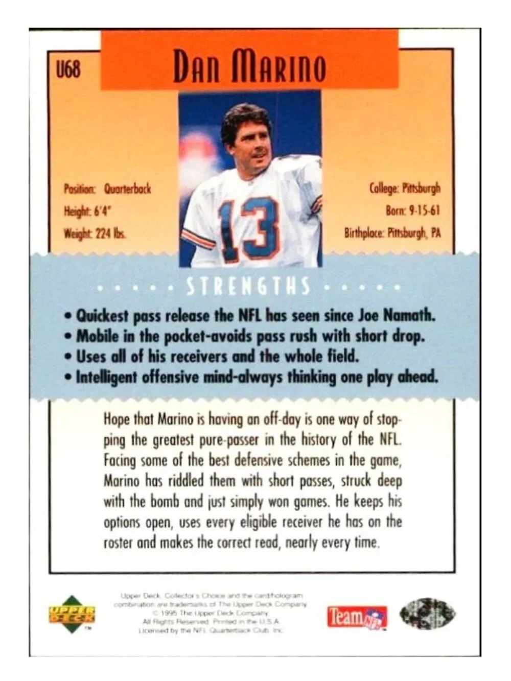 1995 Upper Deck Collector's Choice Update Dan Marino #U68 HOF